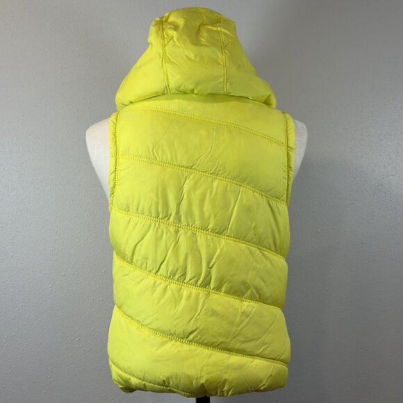 American Eagle Womens Yellow Puffer Vest Faux Fur Hooded Zip Pockets Size Small - Picture 3 of 16